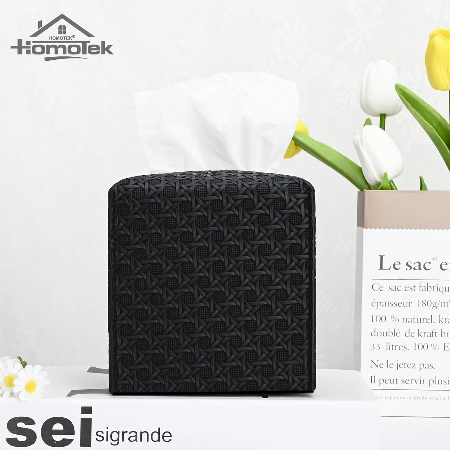 HOMOTEK 2 Pack Tissue Box Cover, Square PU Leather Tissue Holder, Decorative Facial Tissue Cube Paper Organizer Dispenser for Bathroom, Night Stands, Desk, Car 5X5X5'' - Rattan Weave,Dark Black