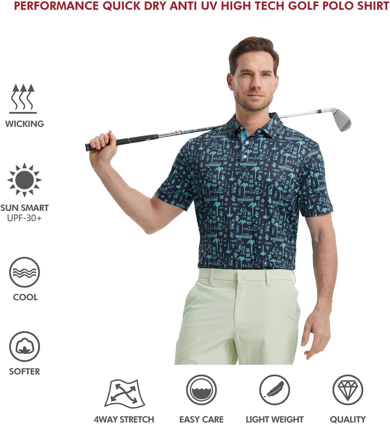 Golf Shirts for Men Dry Fit Short Sleeve Print Performance Moisture Wicking Polo Shirt