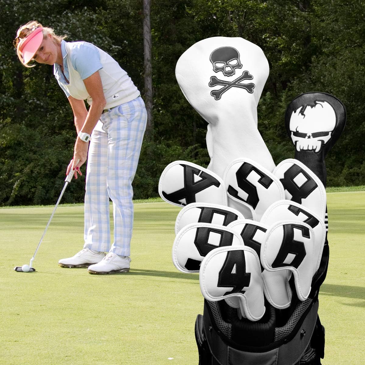 Barudan Golf Iron Club Head Covers Set Headcovers for Callaway Ping S5 - Big Colorful Number - Long Neck - Black Pu Leather fits Small Standard Oversized Golf Clubs 10pcs/Pack (White+Black Number)