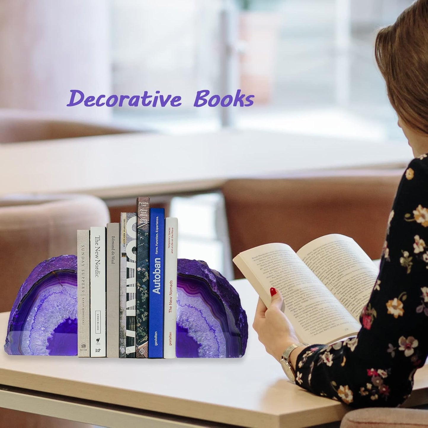 AMOYSTONE Purple Agate Bookends, Heavy Weight Decorative Book Ends for Shelves, Agate Stone Stopper 6-8 LBS for Heavy Books,Perfect for Home and Office Decor