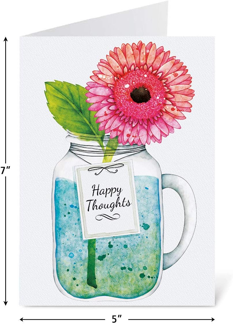Mason Jar Get Well Greeting Cards - Set of 8 (4 Designs), Large 5" x 7", Sympathy Cards with Sentiments Inside, White Envelopes