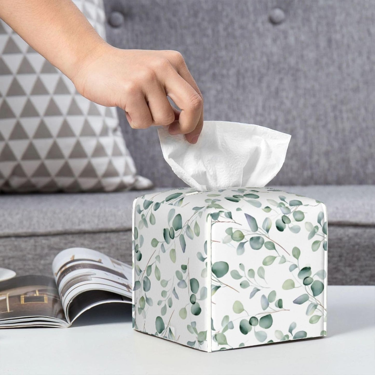 Tissue Box Cover Watercolor Green Leaves Square PU Leather Tissue Box Holder for Car Bathroom Bedroom Desk Tabletop Decor