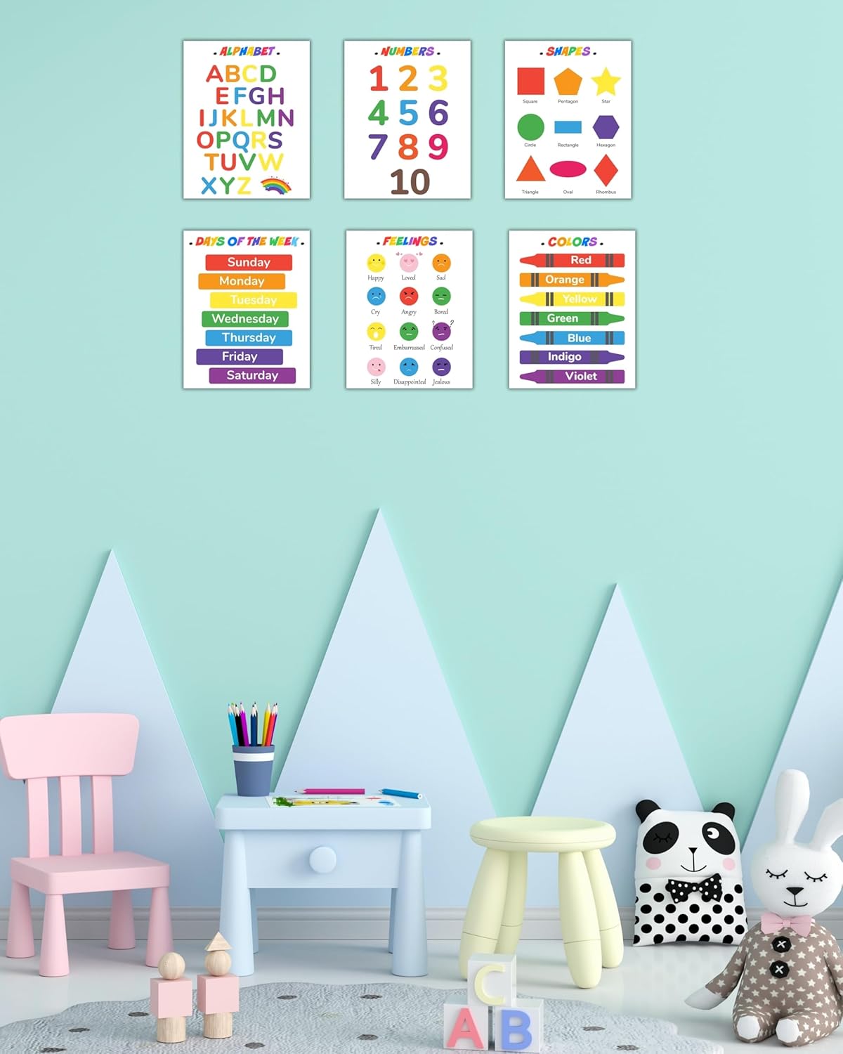 CNTG Design Educational Posters – Set of 6, 8x10 Inch Unframed Wall Art – Alphabet, Numbers, Days of the Week, Colors, Shapes & Feelings Charts for Classroom Decor (Colorful Learning)