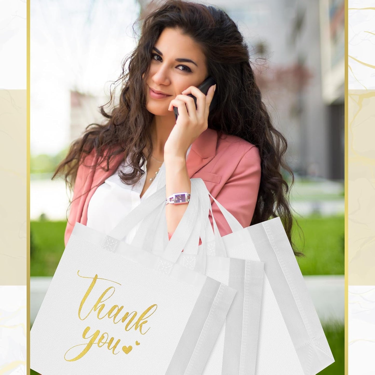 Sweetude 30 Pcs Thank You Gift Bags with Handles Bulk Reusable Goodie Bag Non Woven Foldable Handbag for Graduation Wedding Bridesmaid Gifts(11 x 12 x 5 Inch,White)