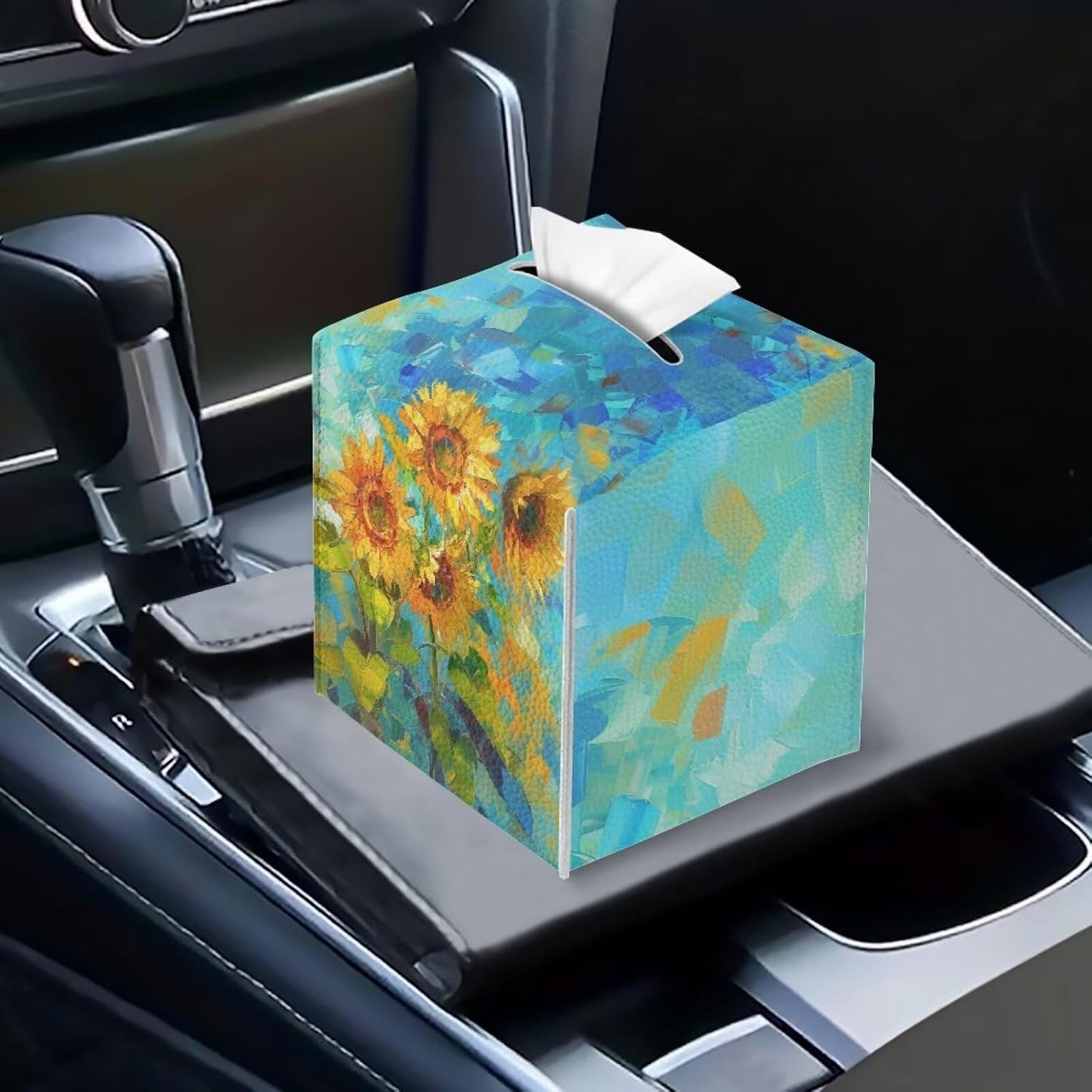 Sunflower Tissue Box Cover Funny Square Leather Tissue Cover 5x5x5 inch Oil Paited Style Home Decorative Facial Paper Box Holder for Desk Bathroom Vanity Countertop