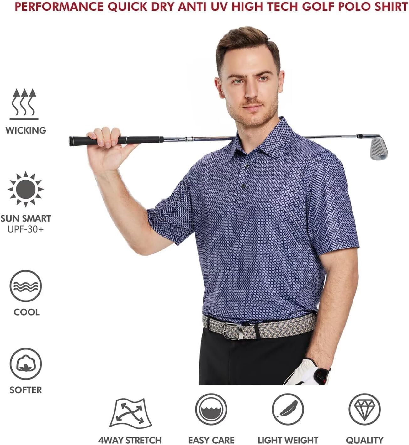 Golf Shirts for Men Dry Fit Short Sleeve Print Performance Moisture Wicking Polo Shirt