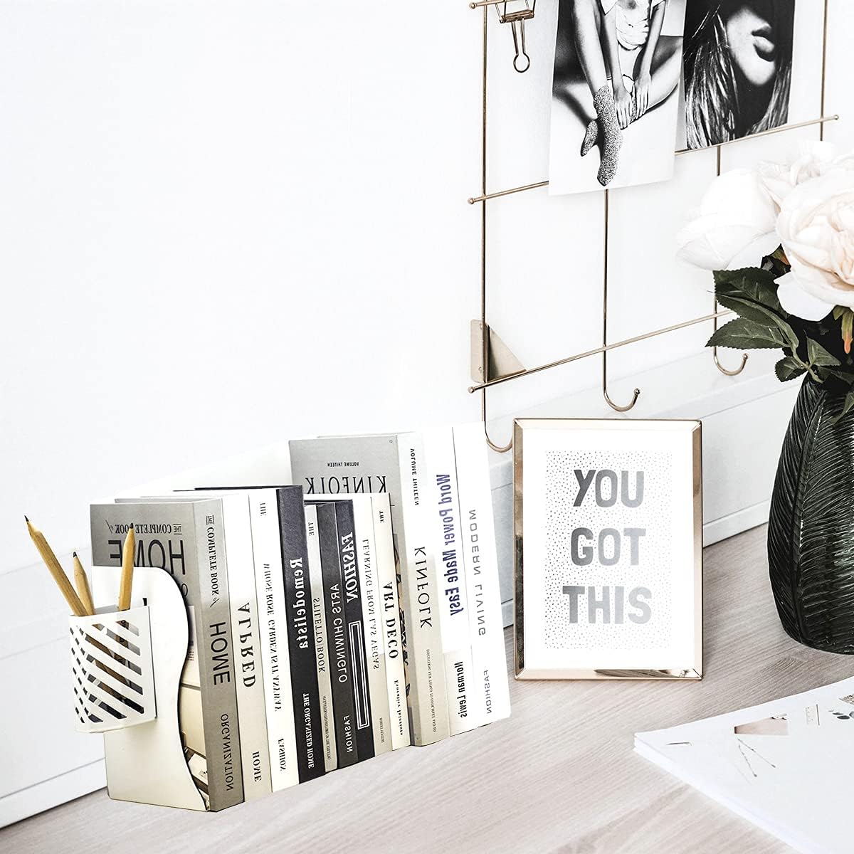 Adjustable Bookends Metal Book Ends for Heavy Book Holder Heavy Duty Bookends Nonskid Bookcase Desktop Book Organizer Binder Holder (White)