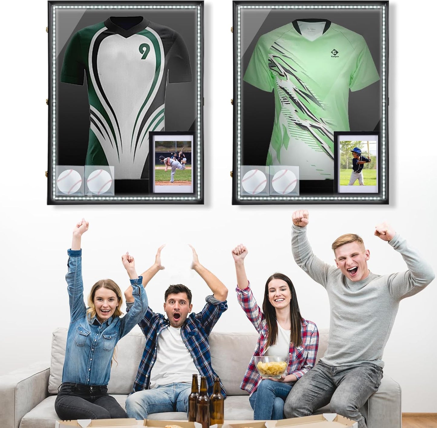 CDEN XL LED Jersey Frame, Extra Large Jersey Frame Display Case, Sweater Display Case, with 98% UV Protection, Hangers, LED Light Strip, with Baseball Case, Photo Frame, Power Bank Included (1-Pack)
