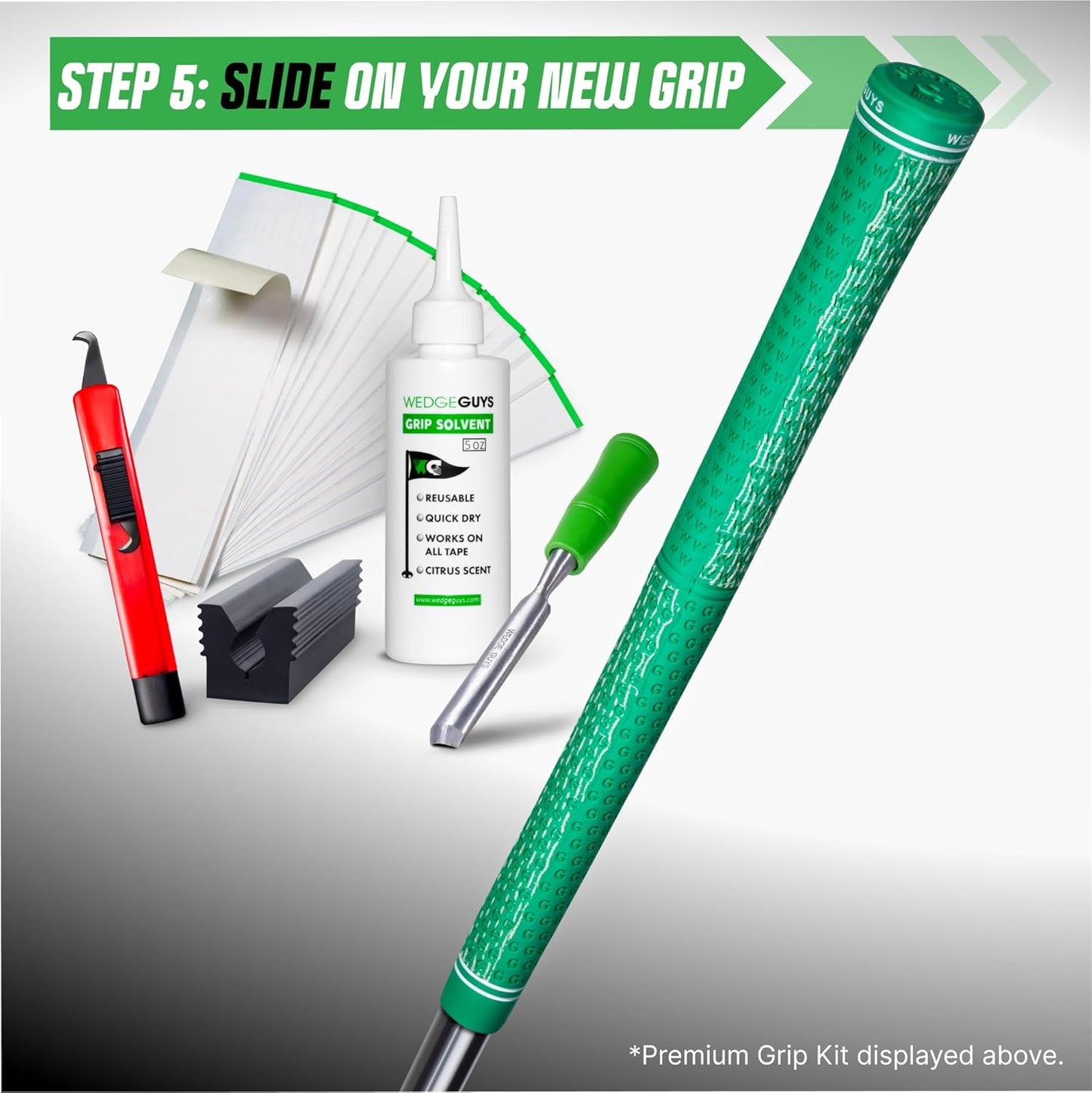 Wedge Guys Golf Grip Kits for Regripping Golf Clubs - Professional Quality - Options Include Hook Blade, 15 or 30 Tape Strips, 5 or 8 oz Solvent, Grip Tape Remover, Bench Vise & Rubber Clamp