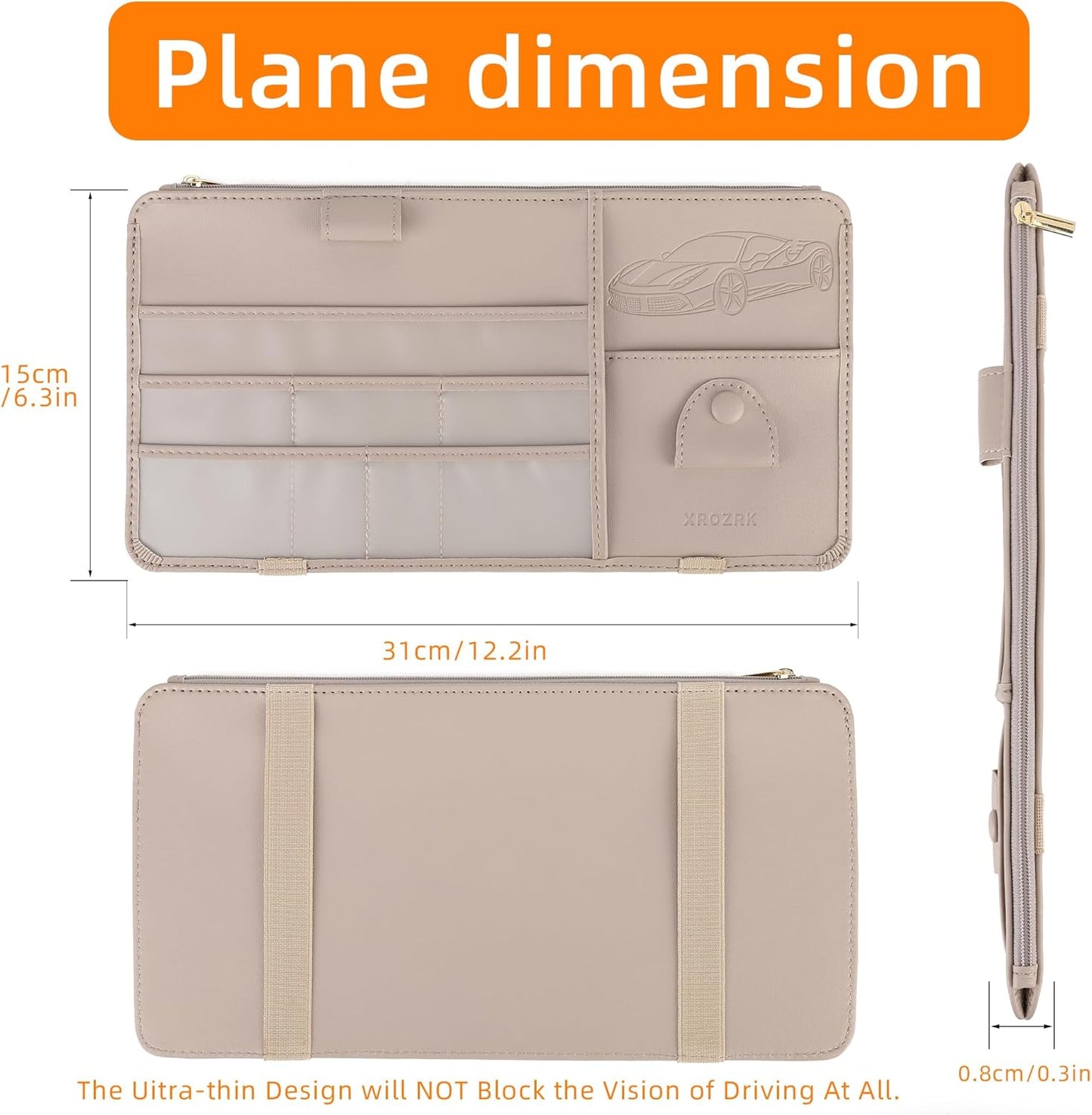 Leather Car Sun Visor Organizer for Cars, Trucks & SUVs: Features Sunglasses Holder, Secure Zipper Pockets, and 6 Clear Windows for Registration, Driver's License, and Insurance Card(Shallow Khaki)