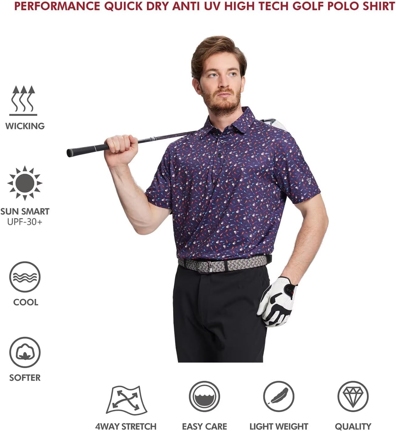 Golf Shirts for Men Dry Fit Short Sleeve Print Performance Moisture Wicking Polo Shirt