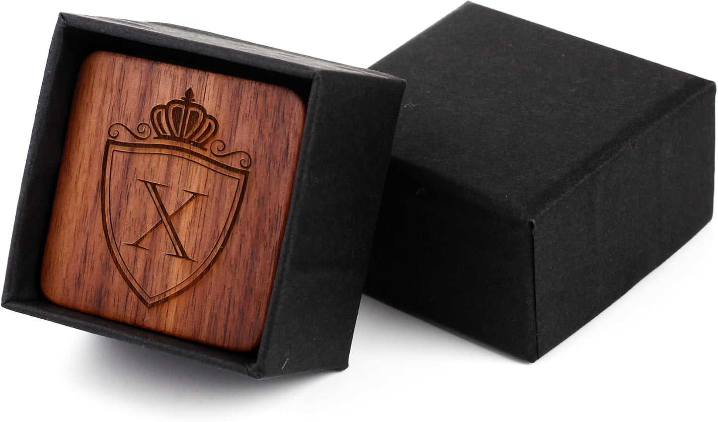 Mens Initial Silver Cufflinks A-Z Alphabet Letter Steel Cuff Links with Engraved Walnut Wood Box Groom Groomsman Wedding Set…