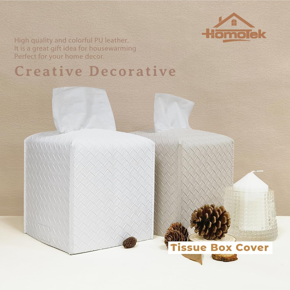 HOMOTEK 2 Pack Tissue Box Cover,PU Leather Tissue Holder,Square Decorative Facial Tissue Cube Paper Organizer Dispenser for Bathroom, Night Stands, Desk, Car 5X5X5'' - Woven Waffle, Pure White