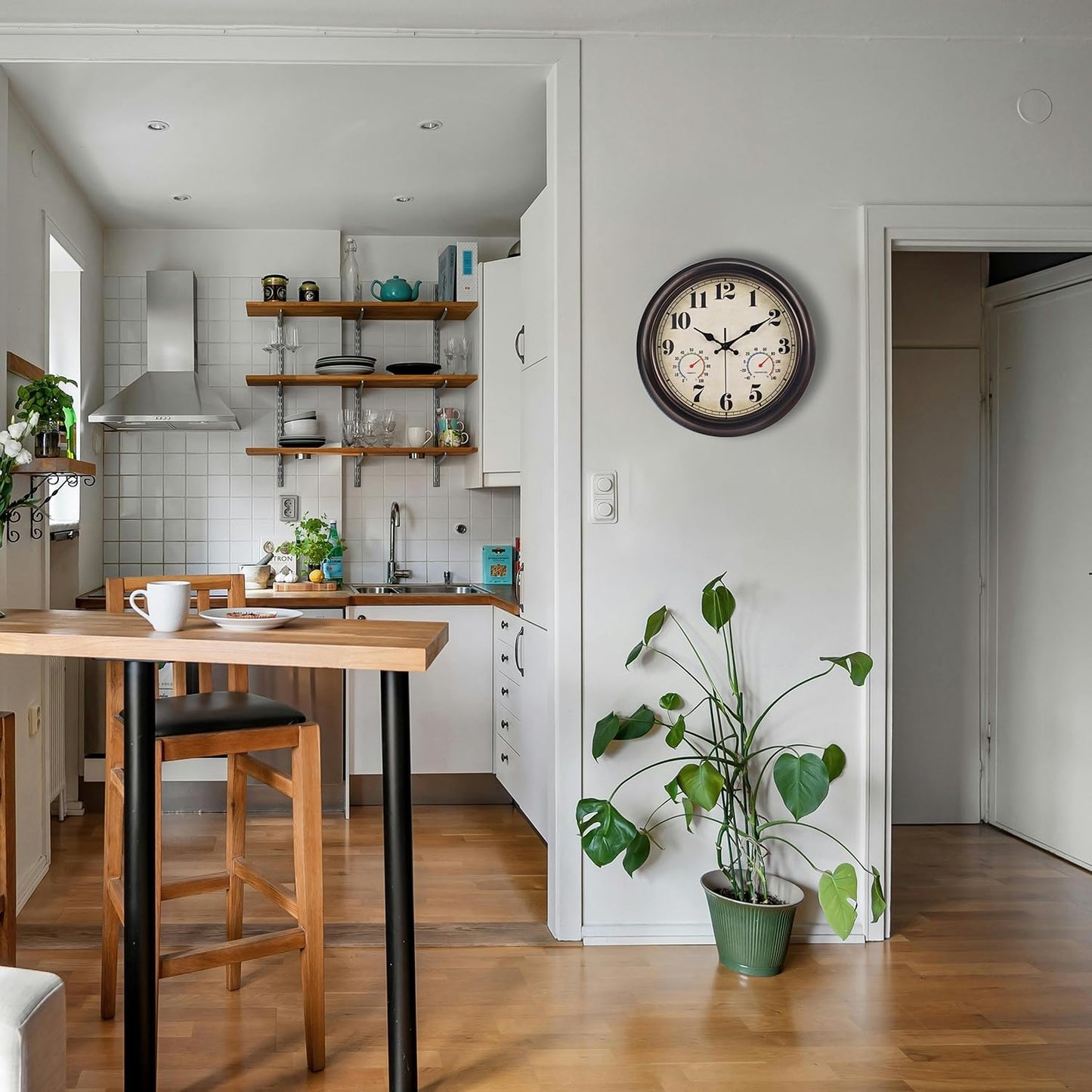 JENLYSTIME 13 Inch Dark Brown Vintage Waterproof Indoor/Outdoor Wall Clock with Thermometer & Hygrometer Large Silent Numerals & Accurate Timekeeping for Living Room, Porch&Garden&Pool