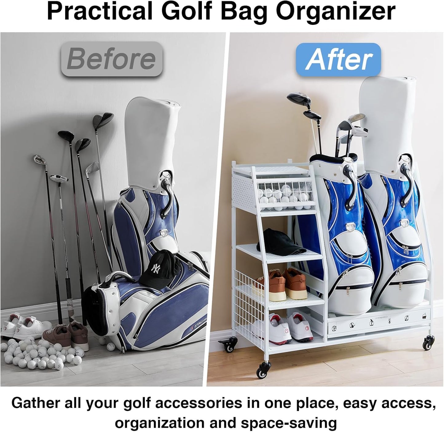 Lauren&Harold Golf Bag Organizer Garage Storage, Golf Storage Rack Stand Fits 2 Golf Bags, Golf Clubs and Other Golfing Equipment Accessories, Golf Organizer for Garage, Club, Shed, Basement