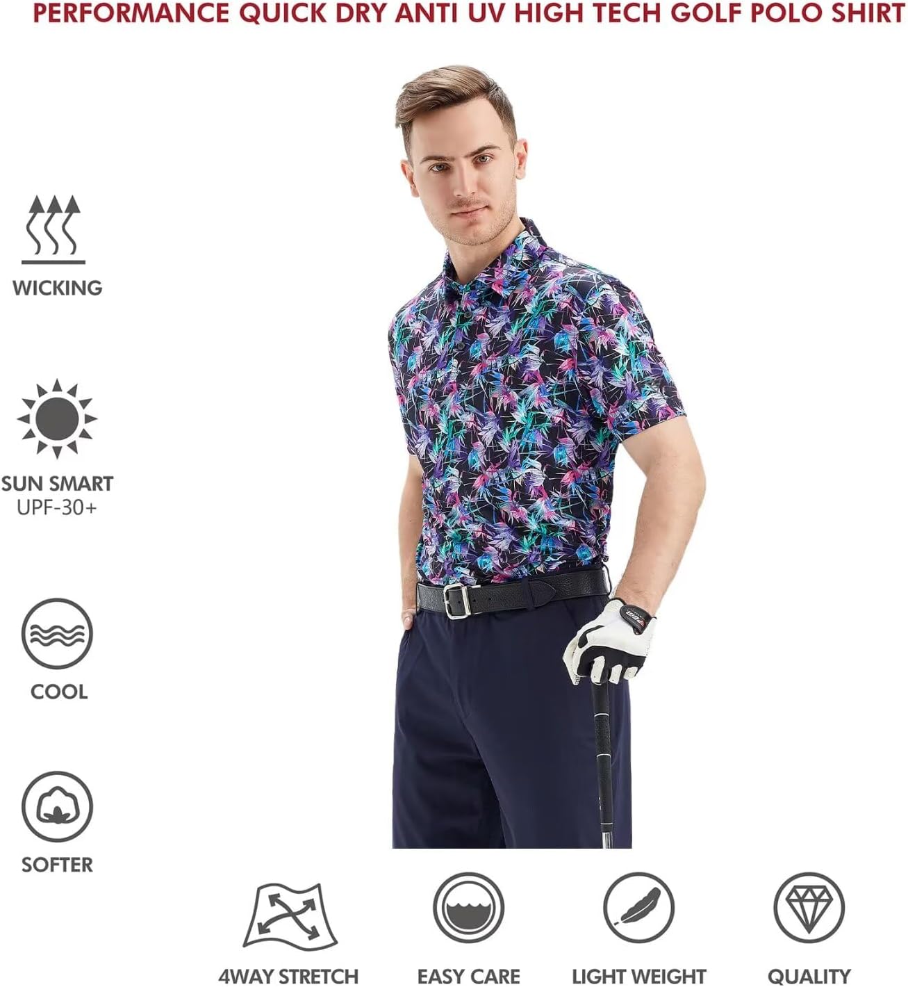 Golf Shirts for Men Dry Fit Short Sleeve Print Performance Moisture Wicking Polo Shirt