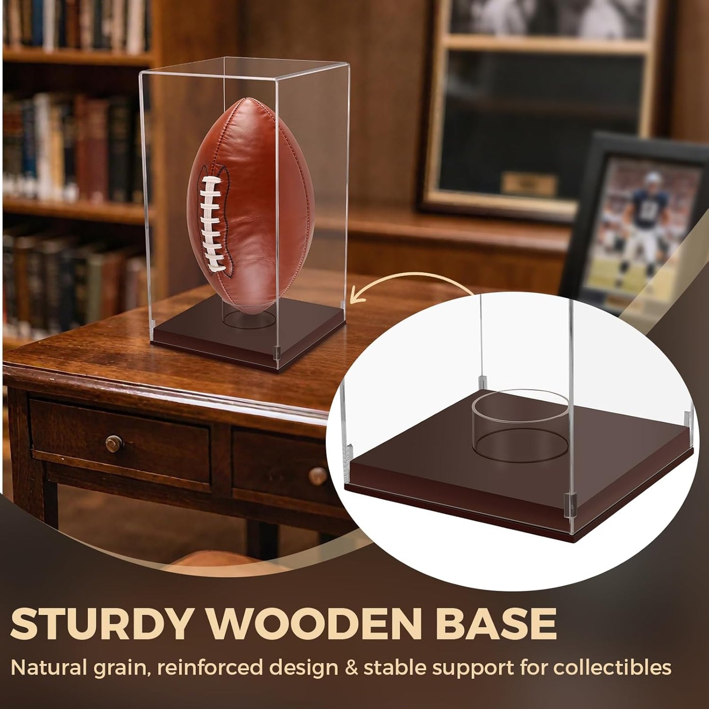 Football Display Case with Wooden Base, UV Protection Clear Acrylic Souvenir Display Box for Autographed Football, Memorabilia, Sports Collectibles, Vertical Brown