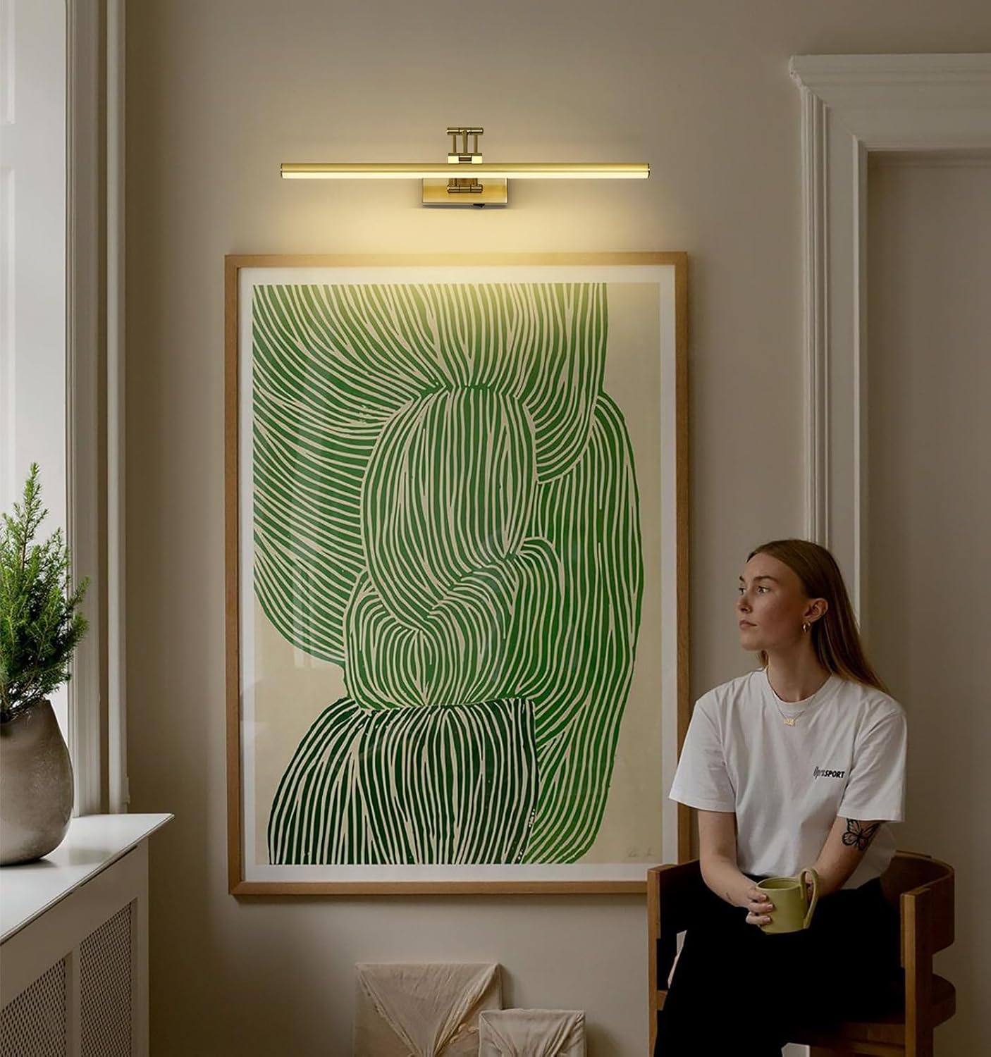 Joossnwell Battery Operated Picture Light for Wall Rechargeable Art Lighting for Paintings Wireless 23.62Inch Picture Frame Light with Remote Dimmable Gallery Light Brass for Library Artwork Museum