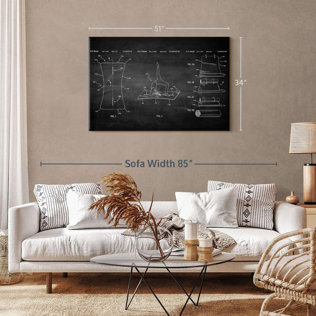 ElephantStock Exercise Mat BW Patent Wall Art - Horizontal Wrapped Canvas - 1-Piece Living Room Wall Decor - Digital Art Patent Canvas Print - Black and White Decor - 51" X 34"
