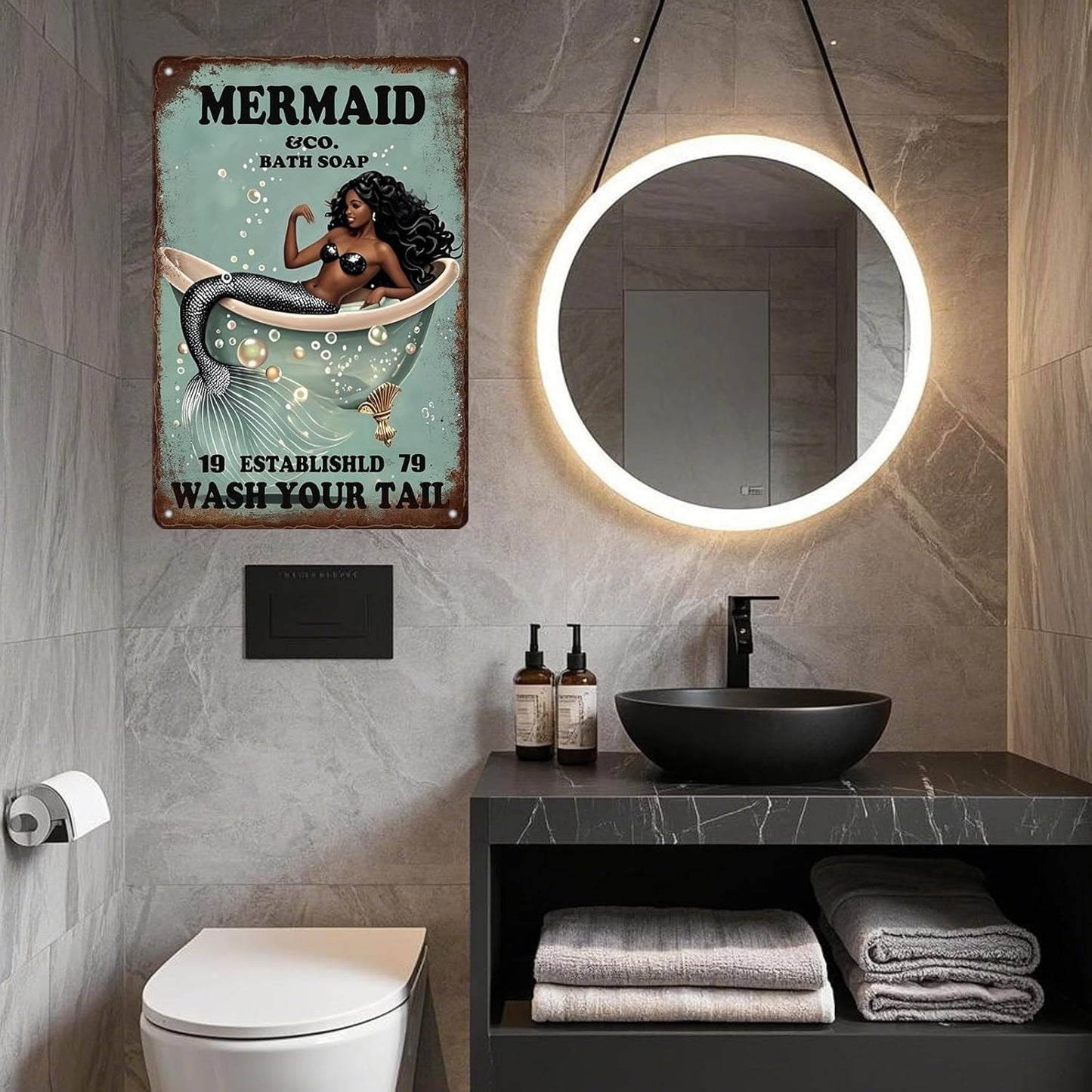 Funny Mermaid Company Bath Soap Metal Signs Wash Your Tail Sign Vintage Tin Sign Wall Decor Retro Tin Signs for Room Living Room Bathroom Toilet Hotel 12x8 Inch