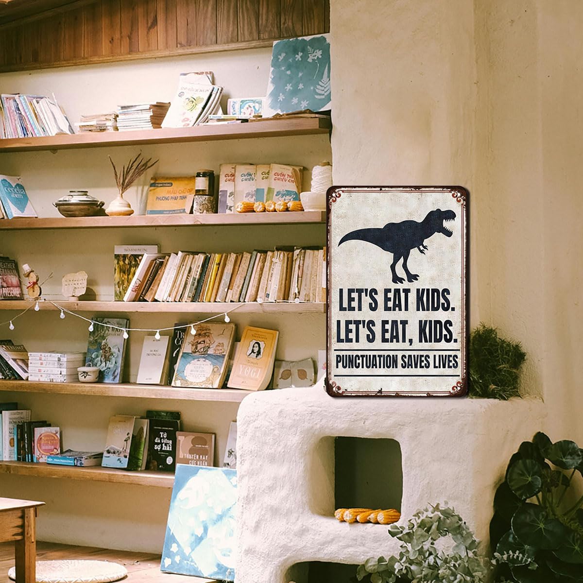 Funny English Classroom Wall Art - Punctuation Saves Lives Metal Sign - Let's Eat, Kids Grammar Decor for High School and Middle School Teachers, English Teacher Gift, 8"x12" Metal Poster