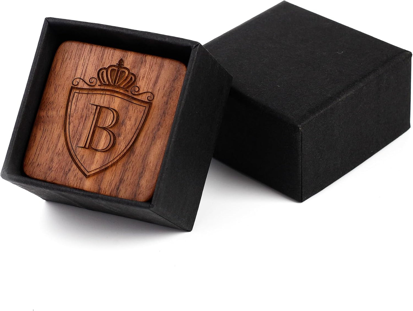 Mens Initial Silver Cufflinks A-Z Alphabet Letter Steel Cuff Links with Engraved Walnut Wood Box Groom Groomsman Wedding Set…