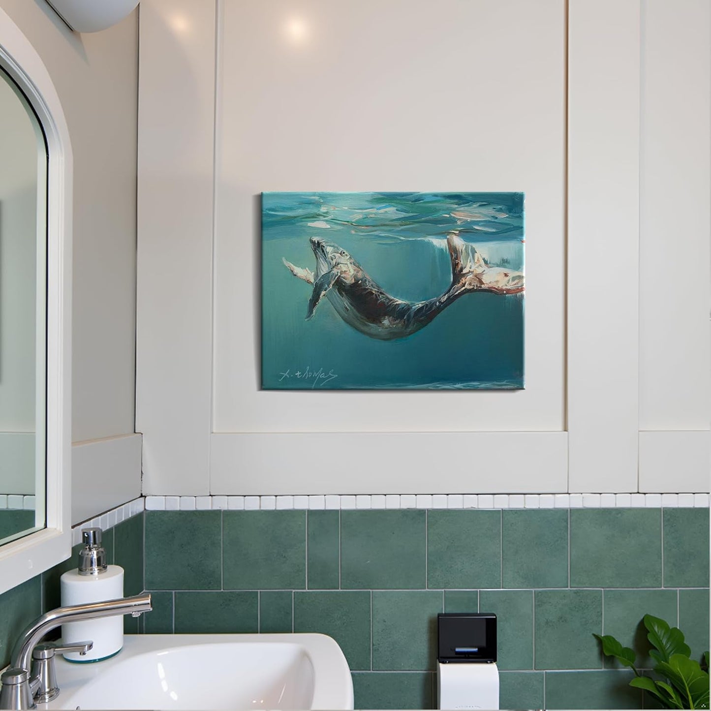 JZLDZS Whale Canvas Wall Art Coastal Bathroom Decor - Framed Blue Nautical Ocean Animal Pictures Wall Decor for Bedroom 12x16 Inch Ready to Hang