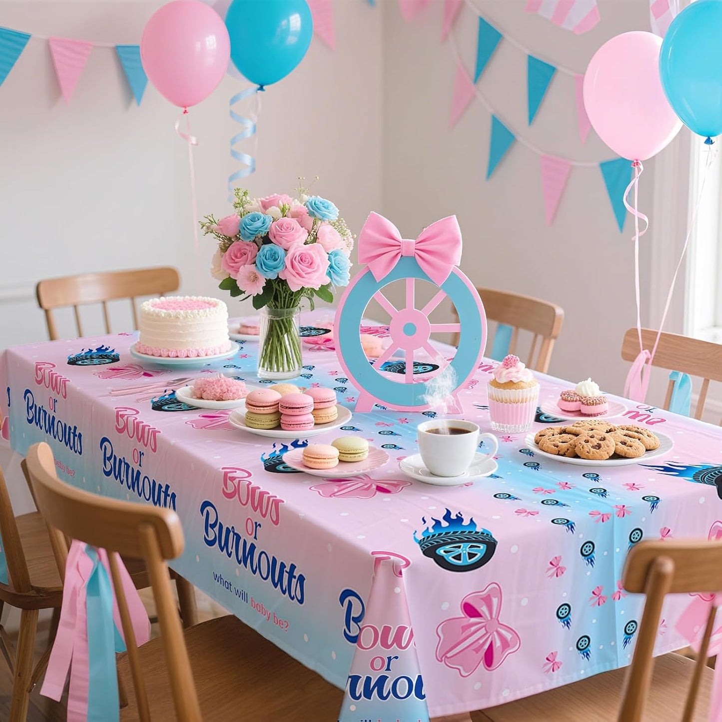 Grencian 3Pcs Burnouts or Bows Gender Reveal Tablecloth Boy or Girl Table Cover Plastic Rectangle He or She Table Cloth Party Decorations for Gender Reveal Baby Shower Party Supplies 54" x 107"