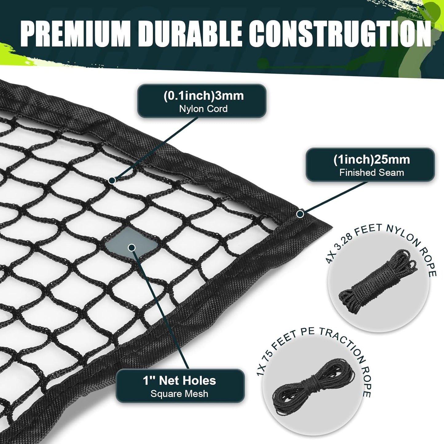 Golf Netting 7Ft,10Ft,15Ft,20Ft Golf Practice Net for Garage, Sport Practice Barrier Net, Heavy Duty Nylon Sport Netting Golf Hitting Net for Baseball, Hockey, Soccer, Tennis DIY Ball Net for Backyard