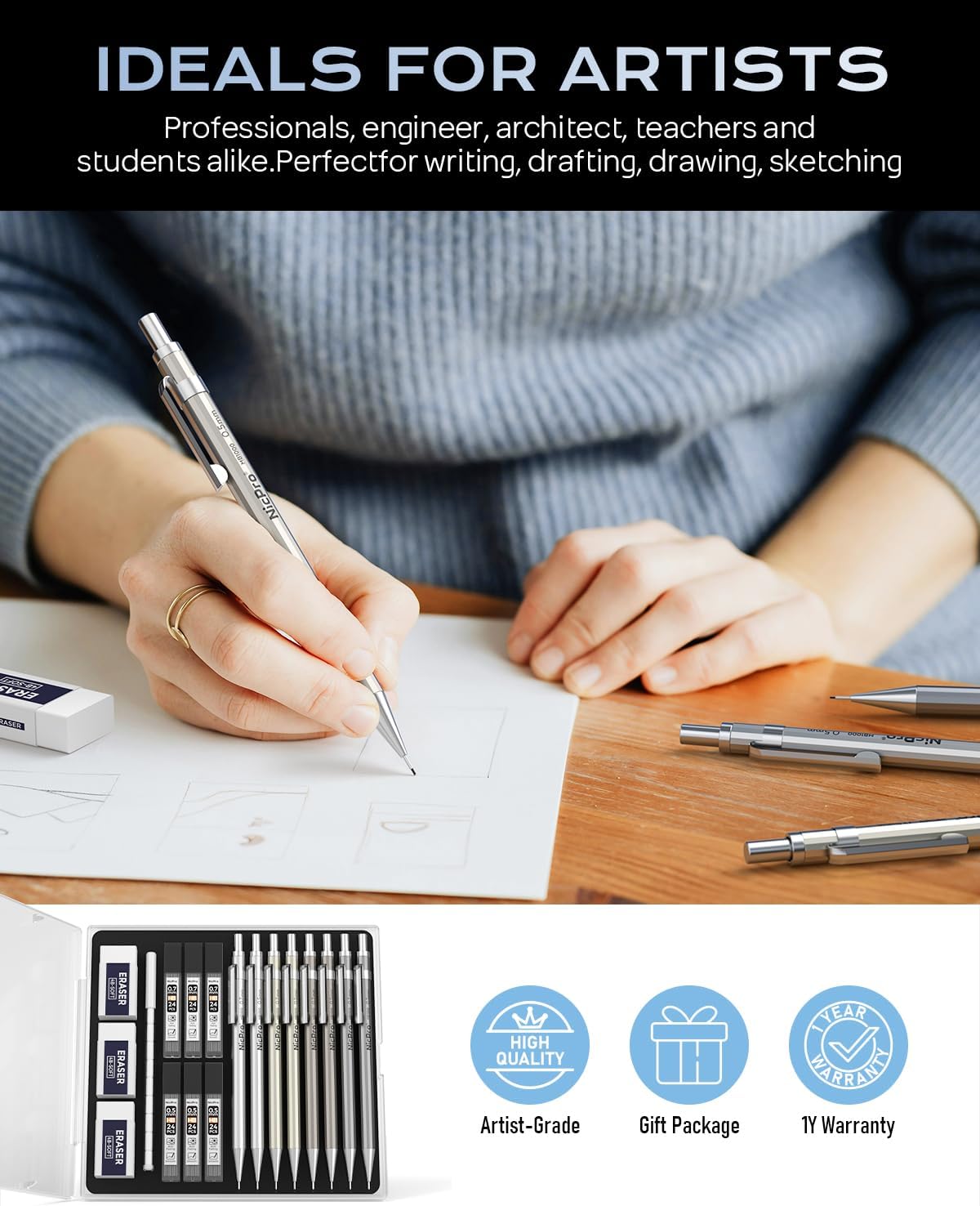 Nicpro 8 Pack 0.5mm & 0.7mm Metal Mechanical Pencil Set, MB1000 Lead Drafting Pencil for Artist Writing, Sketching, Drawing with 6 Tubes HB Lead Refills, 3PCS 4B Eraser, 9PCS Cap Eraser - With Case