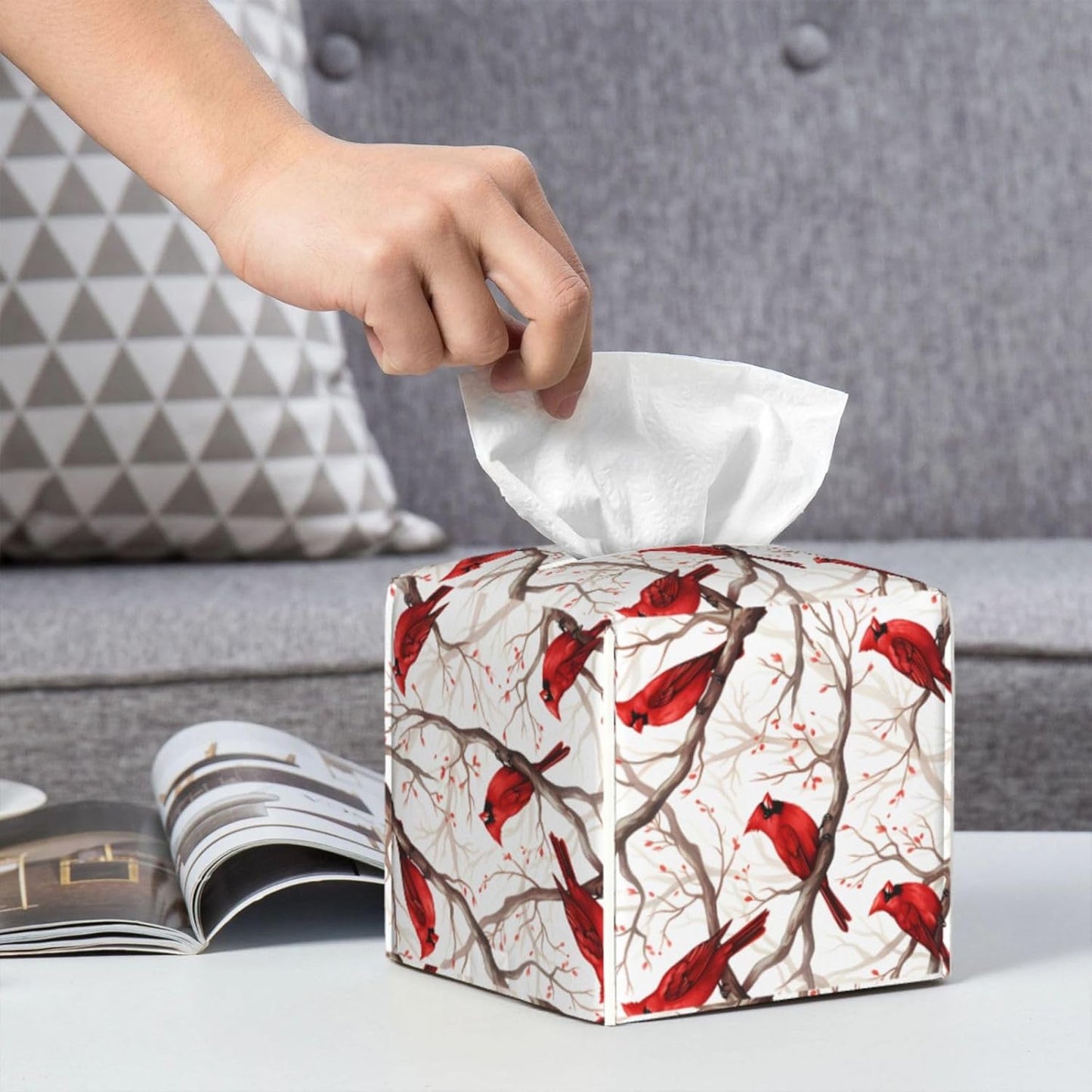 Tissue Box Cover Winter Christmas Red Bird Square PU Leather Tissue Box Holder for Car Bathroom Bedroom Desk Tabletop Decor