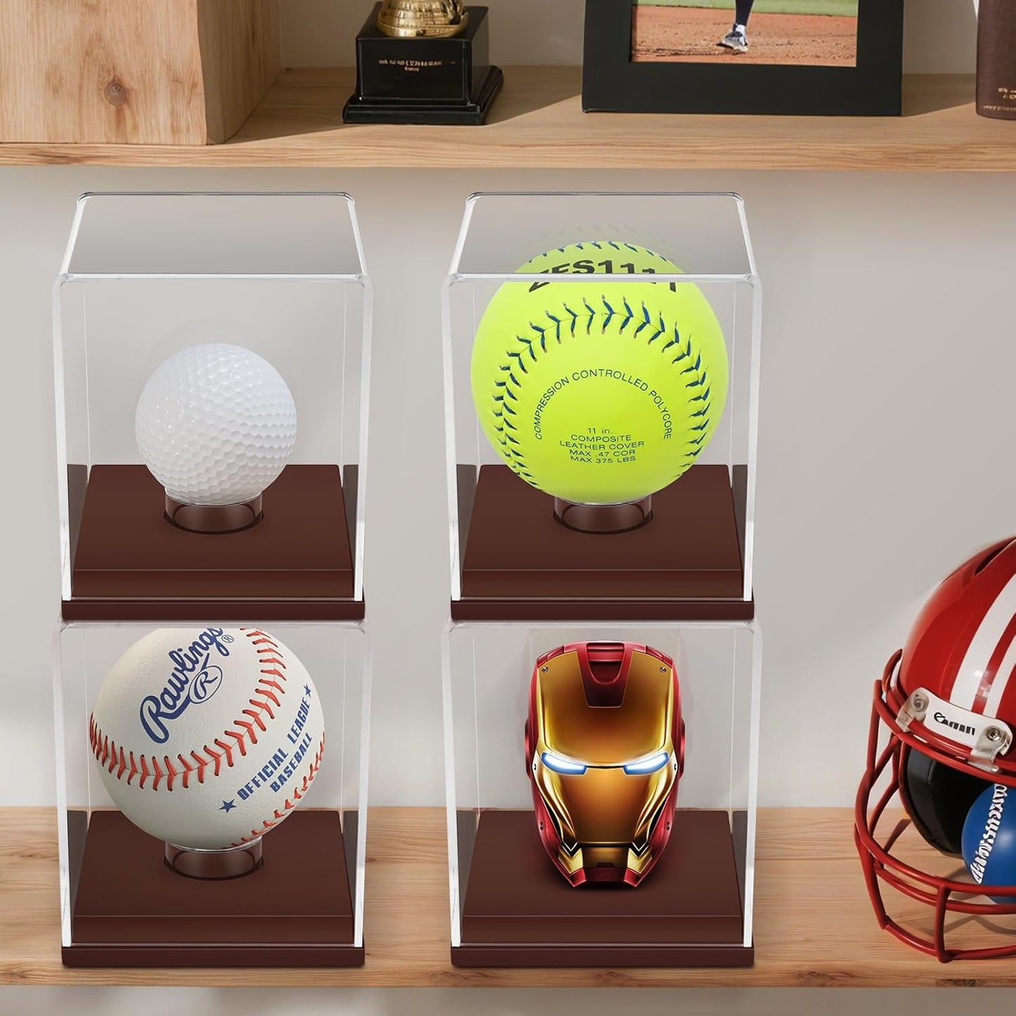 Baseball Display Case, UV Protected Clear Acrylic Cube Golf Ball Display Holder, Autograph Stand and Memorabilia Showcase Box for One Ball, Brown Wooden Base