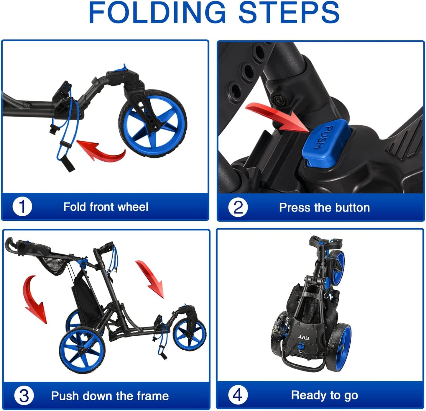 KVV 3 Wheel 360 Rotating Front Wheel Golf Push Cart Open and Close in ONE Second-Free Umbrella Holder Included