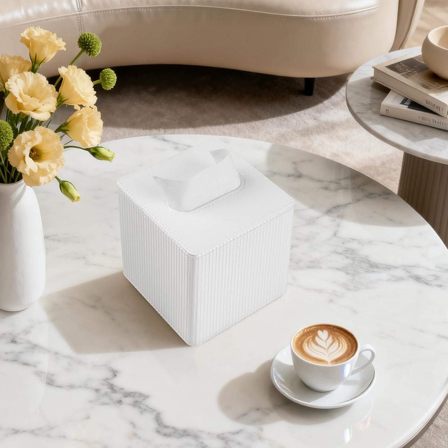 PU Leather Tissue Box Cover Square with Magnetic Closure, Modern Tissue Box Holder for Bathroom Bedroom Office Desk, Decorative Square Tissue Holder (Ivory)