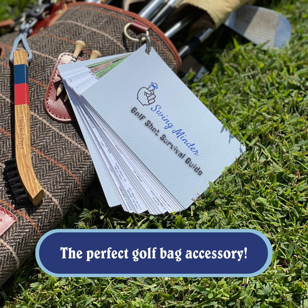 Swing Minder Golf Reference Cards - Step-by-Step Instructions for 33 of Golf's Hardest Shots - Ideal Golf Gifts for Men or Golf Bag Accessories - Waterproof PVC and Sturdy Carabiner for Easy Use