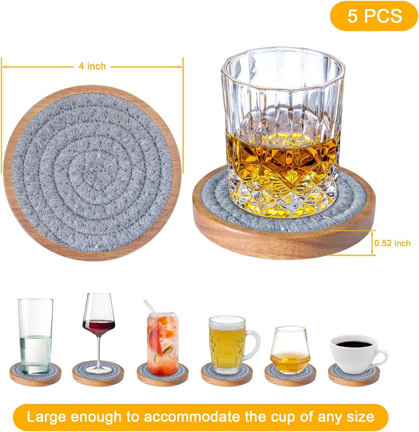 Drink Coasters Set of 5, Coasters for Drinks Absorbent, Wood Coasters for Coffee Table, Housewarming Gift for Farmhouse Home Decor,4 inches (Brown & Gray)