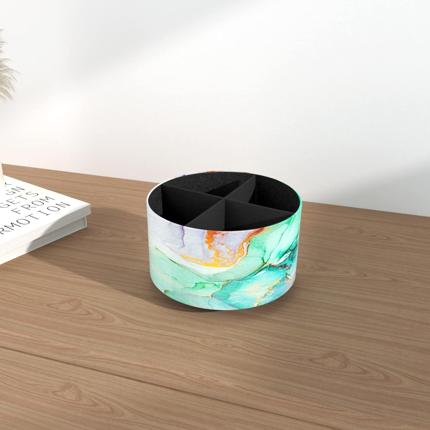 Hennaja Round Leather Art Supply Organizer,Remote Control Holder,360 Degree Rotating,Multi-Functional Pencil Holder,4 Compartments Desktop Stationary Organizer(1-Splash Ink)