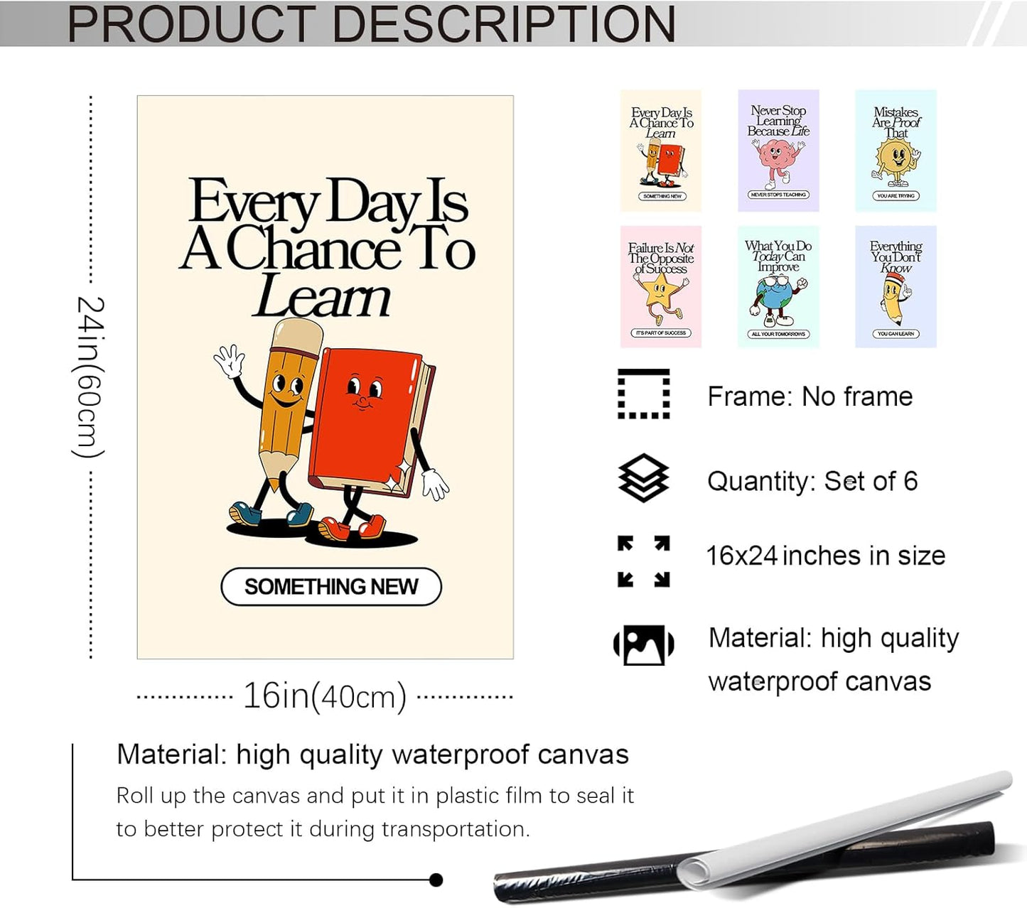 Set of 6 Colorful Growth Mindset Posters, Retro Inspirational Classroom Poster, Motivation Growth Mindset Wall Art for Classroom, Educational Poster for Teachers Bulletin Board 16x24in Unframed