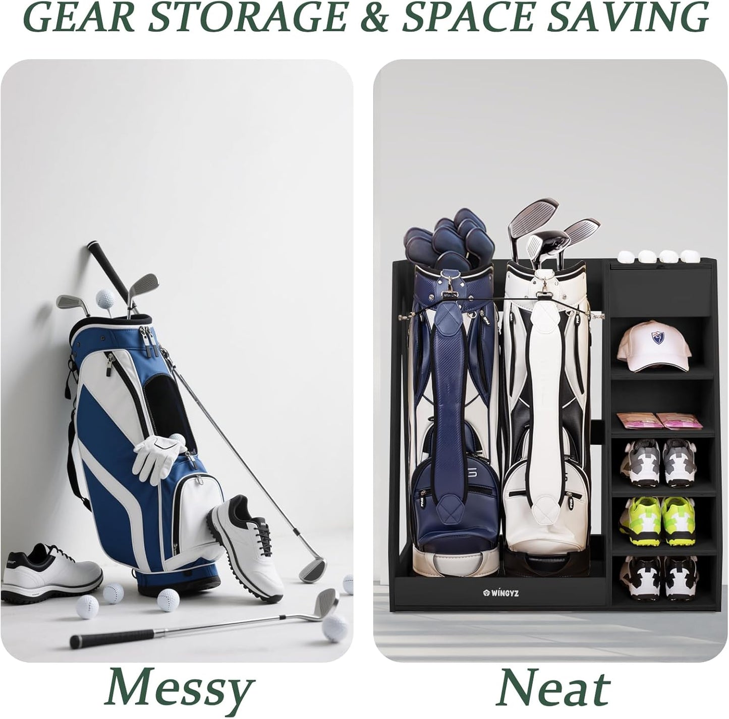 wingyz Wooden Golf Storage Organizer for Garage Fits 2 Bags for Any Level Golfer Great Gift, Golf Bag Rack Club Holder with 12-Ball Display Rack and 5 Shelves for Equipment Accessories