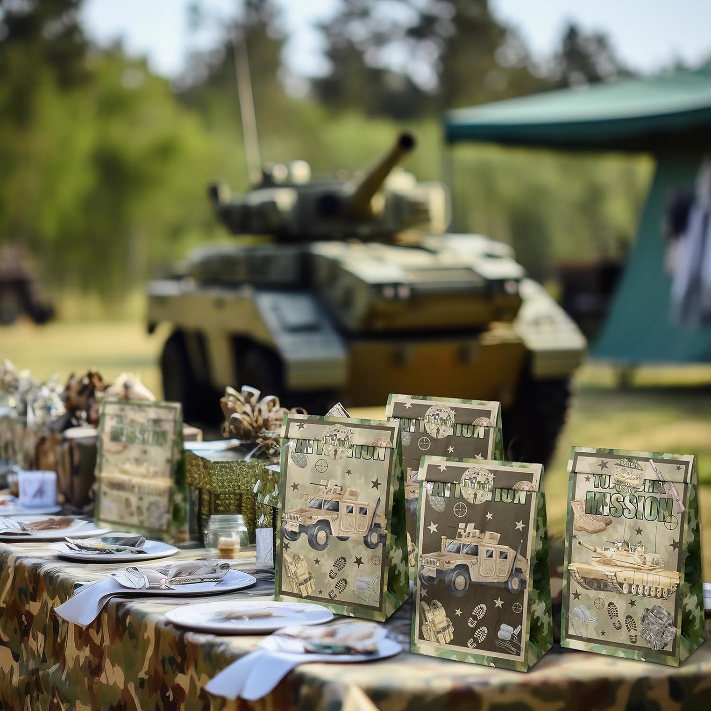 Army Party Favor Bags – 24 Pcs Camouflage Gift Bags with 4 Designs, Military Party Supplies for Kids Birthday Decorations and Tough Mission Theme Goodie Bags