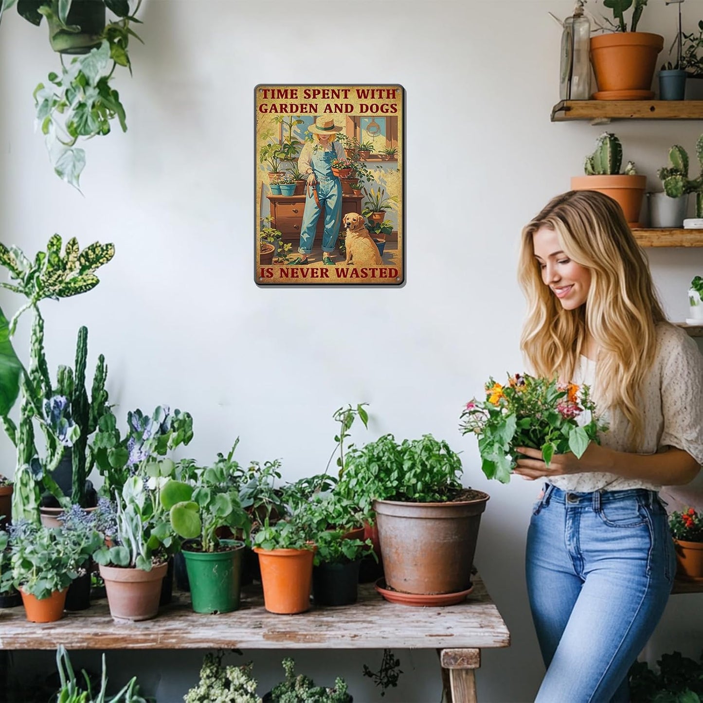 Vintage Garden Time Spent with Garden and Dogs is Never Wasted Metal Tin Sign 8x12 Inch Home Restaurant Wall Decor