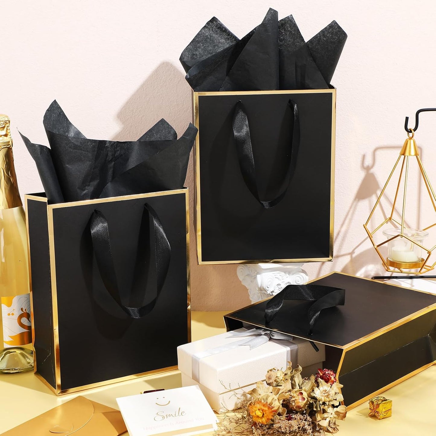 Yeaqee 24 Pack Metallic Paper Gift Bags with Handle and Tissue 9x7x3.1 Gold Foil Welcome Favor Bags Return Gifts for Wedding Fall 5 Senses Christmas Bridesmaid Birthday(Black and Gold)