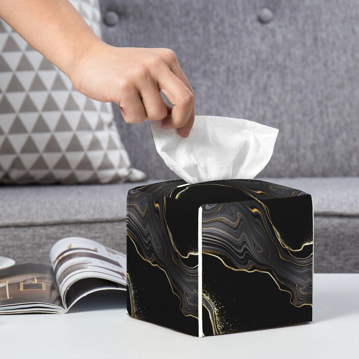 Black Gold Marble Tissue Box Cover Square, Abstract Marble Texture Tissue Box Holder Waterproof Leather Facial Paper Organizer Dispenser for Bathroom Home Car Nightstand Vanity Desk
