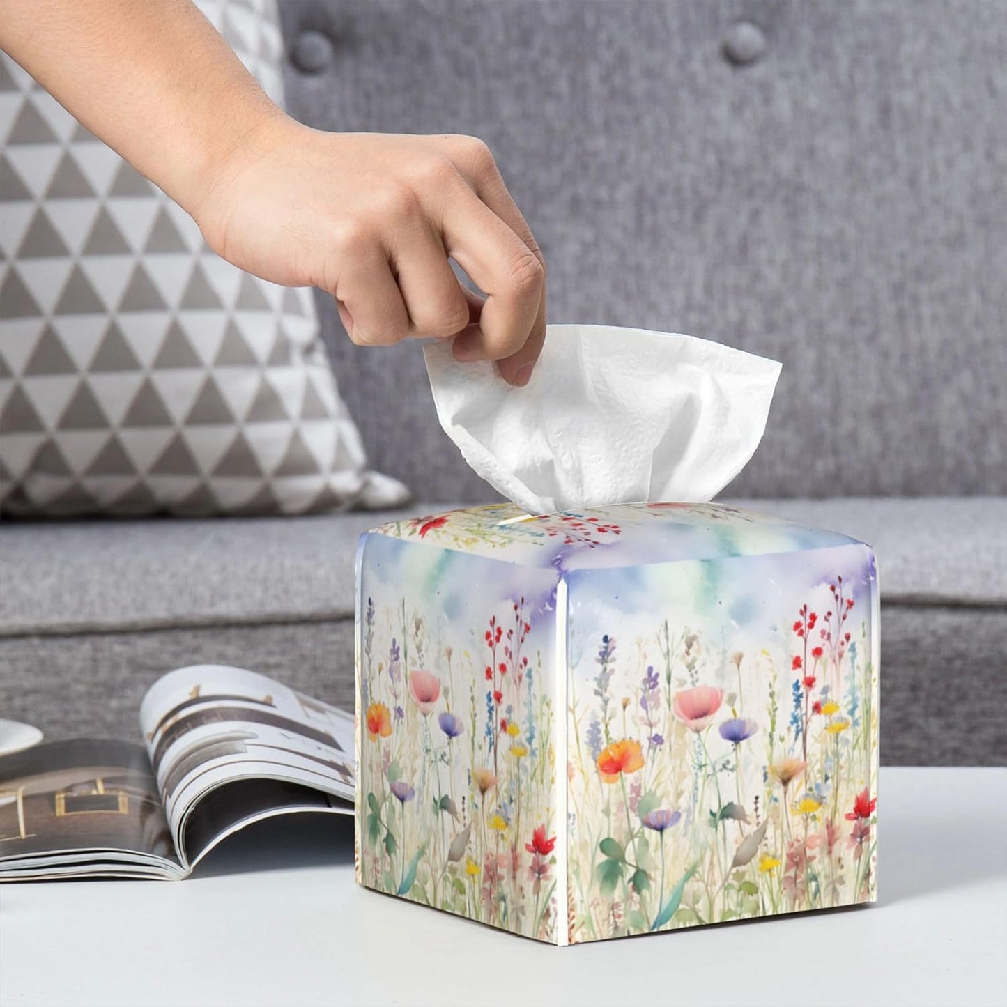Watercolor Flower Tissue Box Cover Square,Colorful Flowers Tissue Box Holder Waterproof Leather Facial Paper Organizer Dispenser for Bathroom Home Car Nightstand Vanity Desk