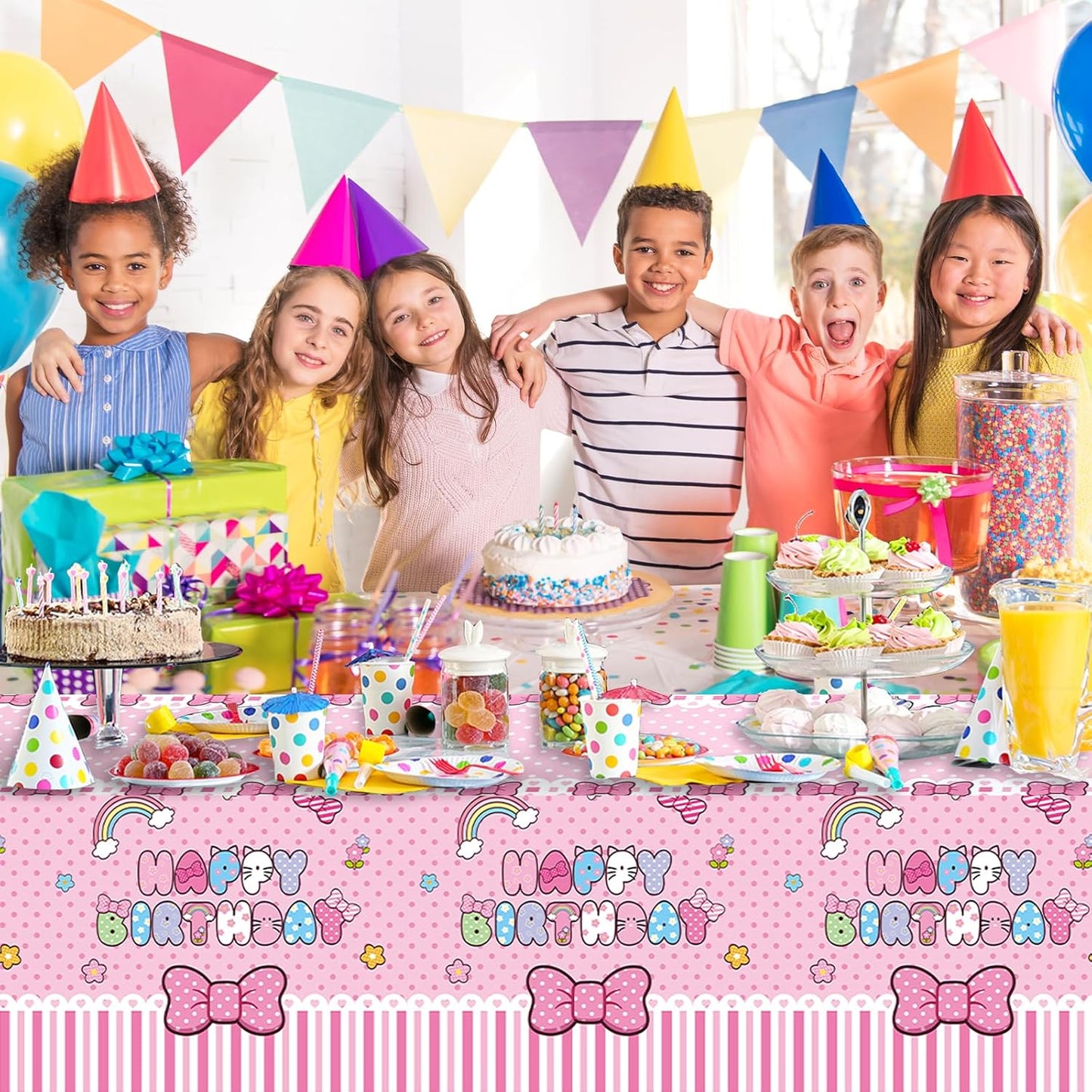 3 Pcs Cute Cartoon Cat Rectangular Plastic Tableware,Perfect for Birthday Celebrations and Party Decorations,54 x 108inch