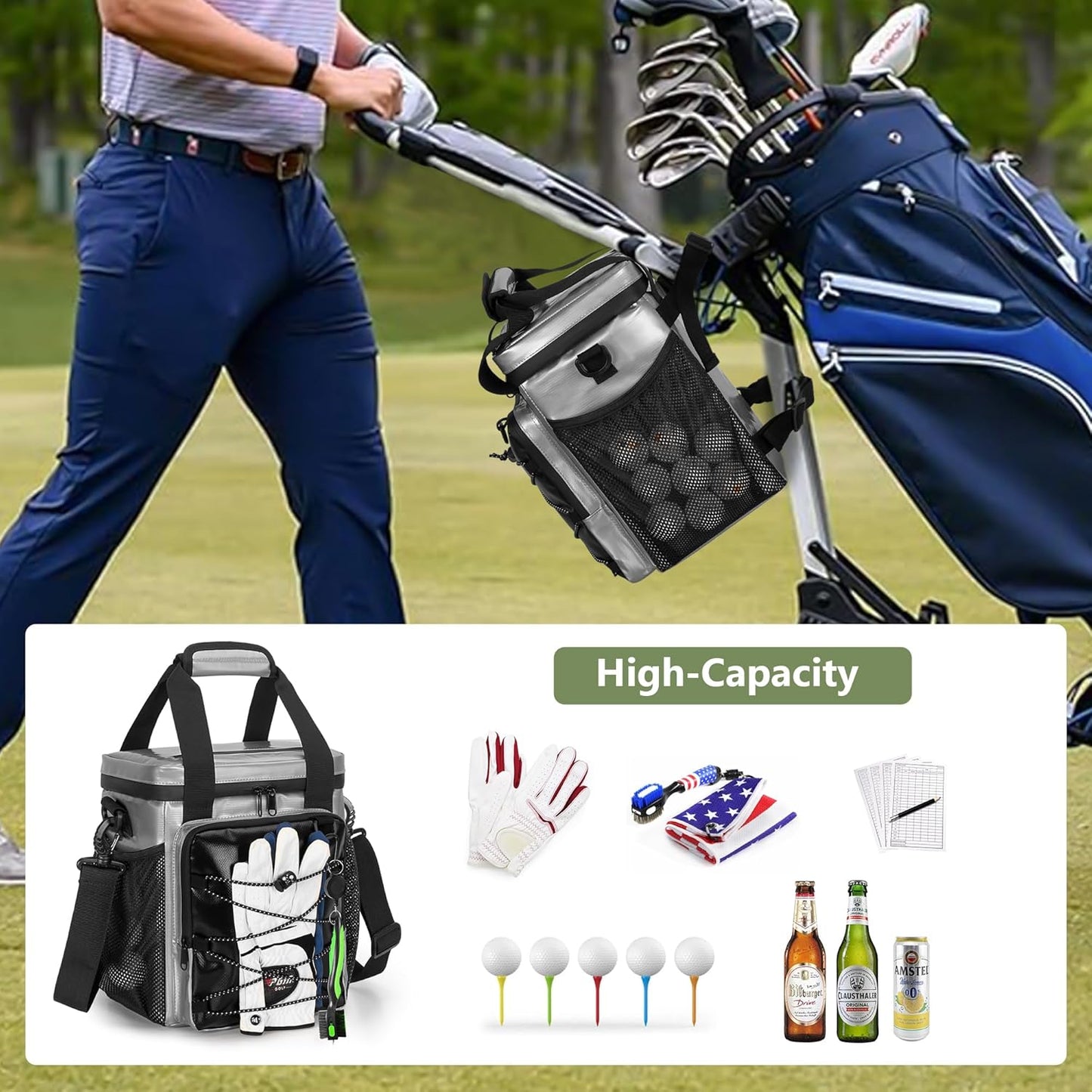 Insulated Golf Cart Cooler, 12-Can Leakproof Soft Cooler Bag Suitable for Golf Push Cart