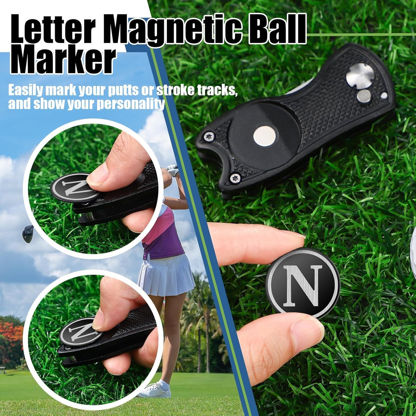 Golf Divot Repair Tool with Letter Custom Monogrammed Initial Ball Marker Divot Tool Foldable Metal with Magnetic Putt Alignment Golf Gifts for Men Father Golfer Christmas