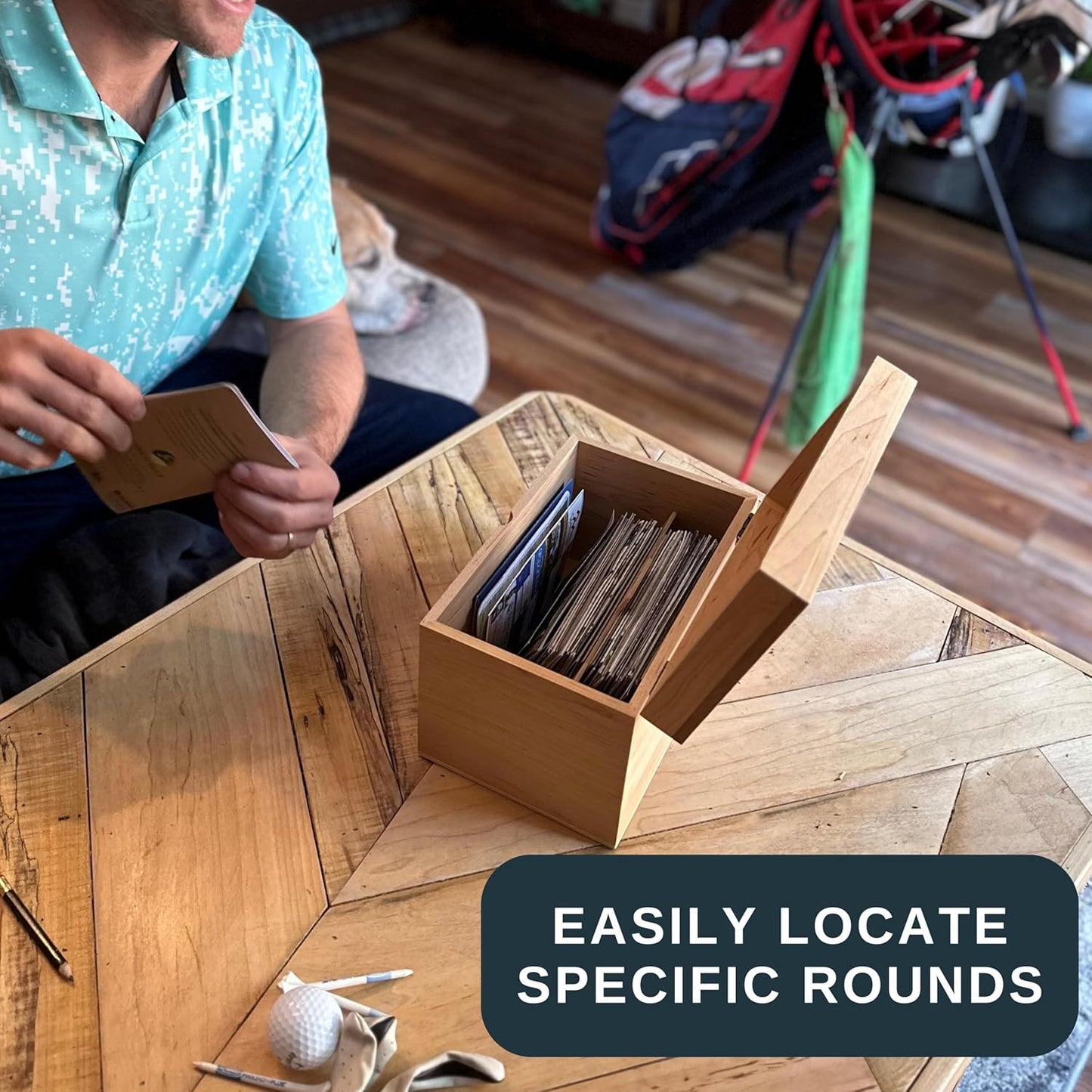 Golf Scorecard Collection Box - Holds Scorecards, Photos, Keepsakes, Yardage Books | Golf Storage Box with 5 Dividers to Organize and Display Golf Score Cards and Accessories Perfect Unique Golf Gift