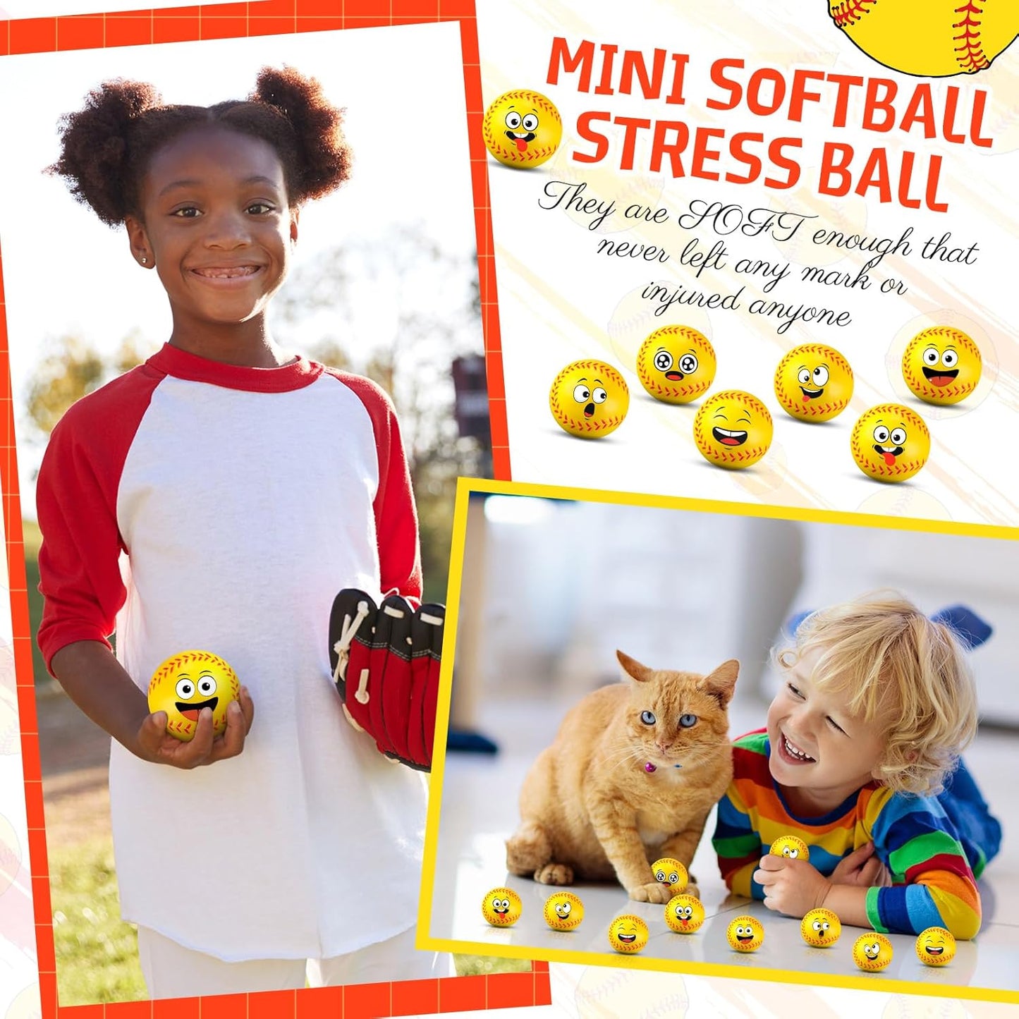 12 Pcs Mini Face Stress Balls for Boys Girls Sport Funny Face Squeeze Foam Balls for Stress and Anxiety Relief for Party Favors Birthday Gift Decoration(Softball)