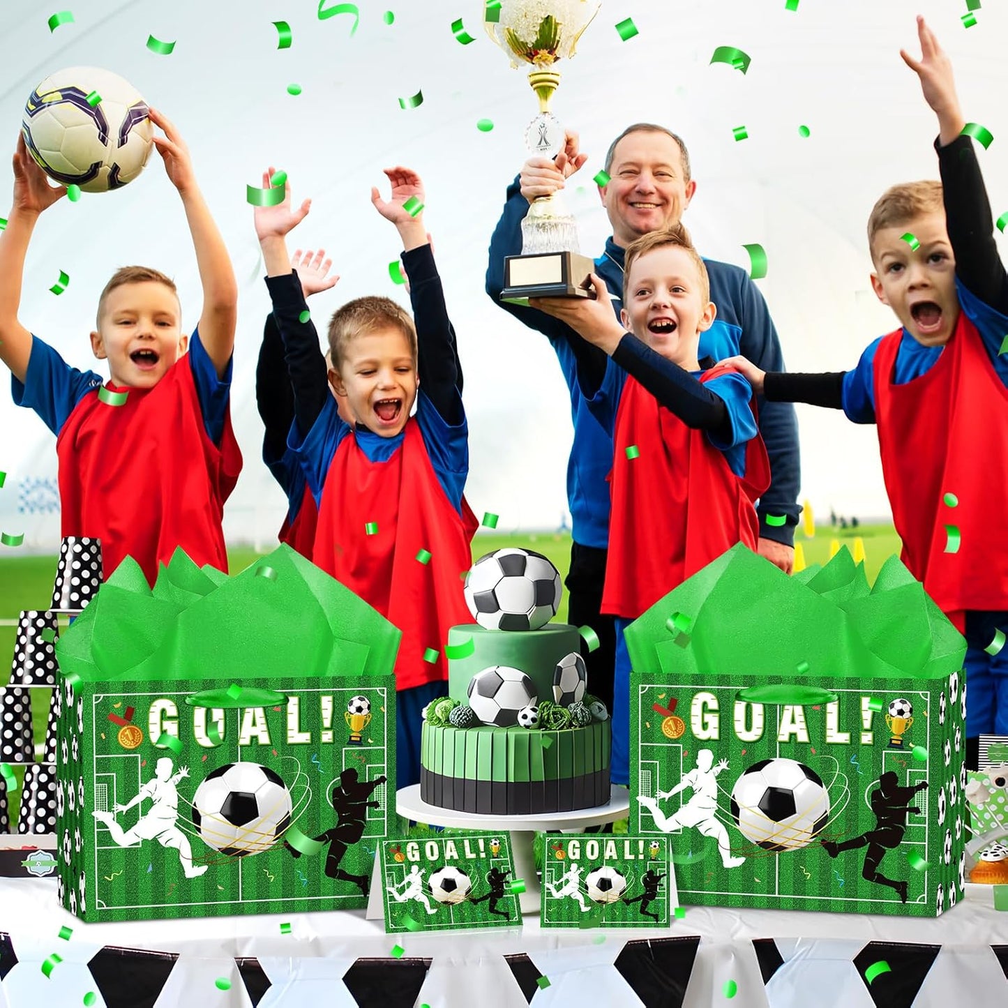 Soccer Gift Bag Large Green Soccer Gift Wrapping Bag with Tissue Paper Goal Greeting Card Decorations for Sports Party Favor Ball Team Birthday Goodie Gifts Treat Wrap Bags for Boys Men Supplies
